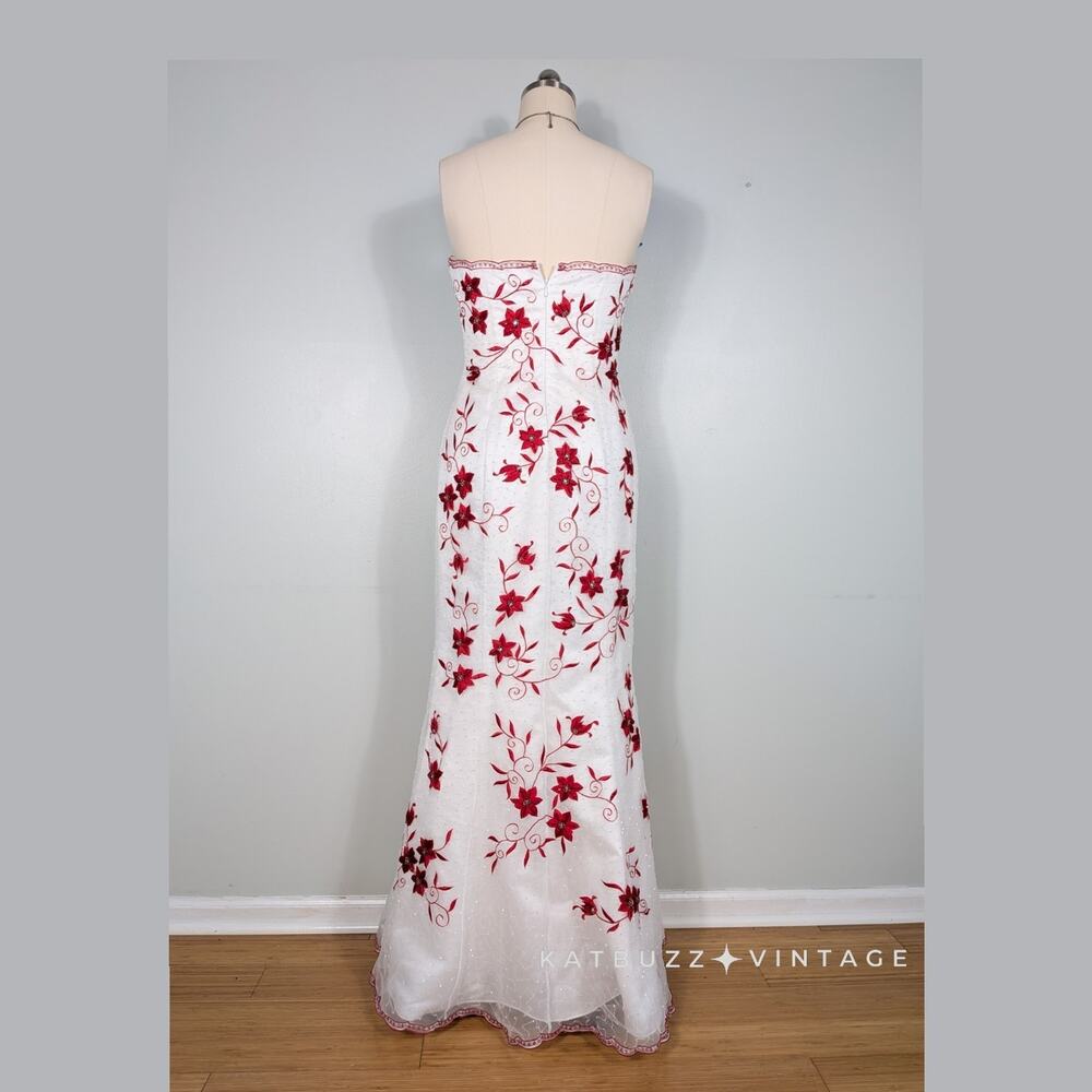 Vintage Cache Prom Dress Maxi Gown 10 White Red Floral Y2K Wedding Bride Glam - Picture 3 of 16